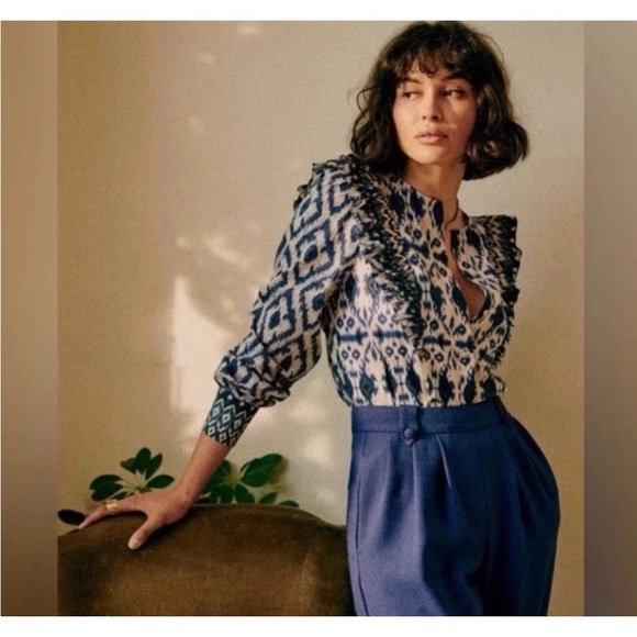 Sezane Blue Ikat Boby Blouse Size 2 $125 - Picture 2 of 5